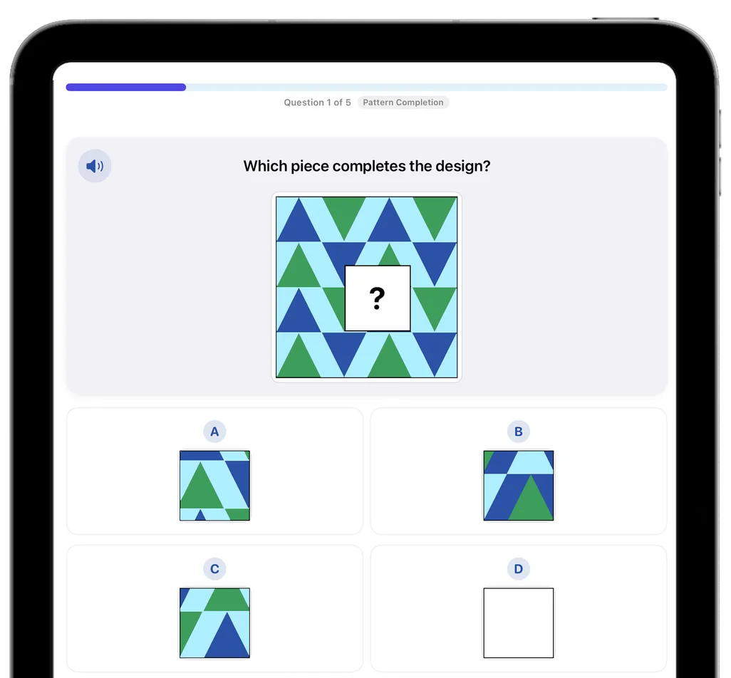 NNAT-style pattern completion practice on iPad: which piece completes the design, with four answer choices below.