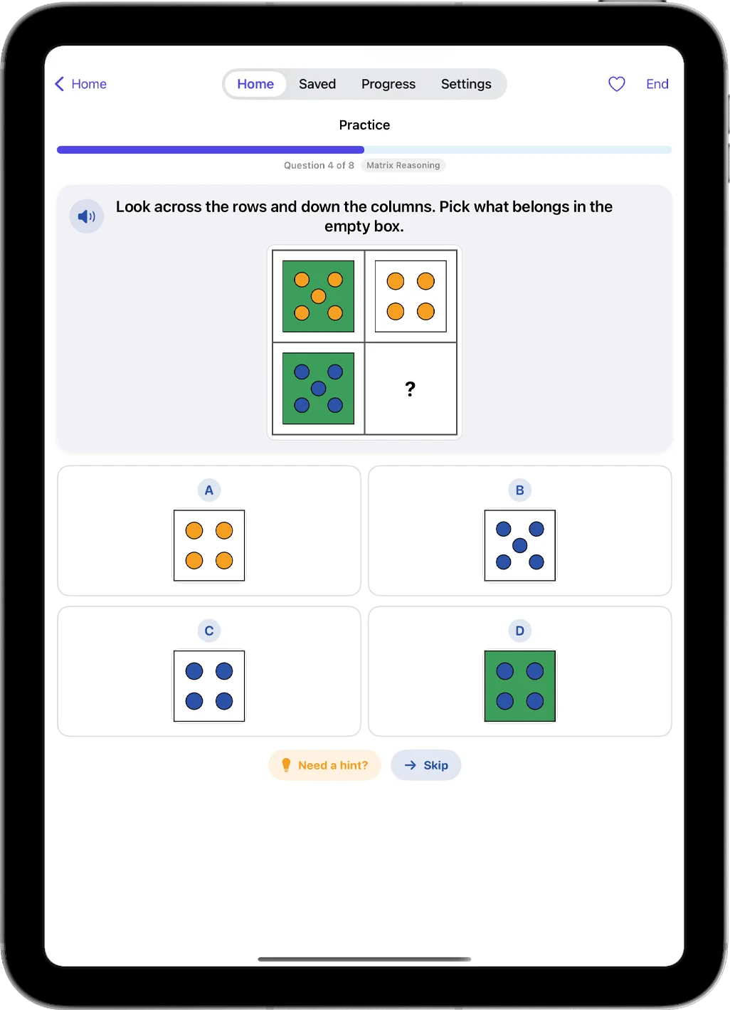 A matrix reasoning question on iPad: a two-by-two grid with one box empty, and four answer choices below.