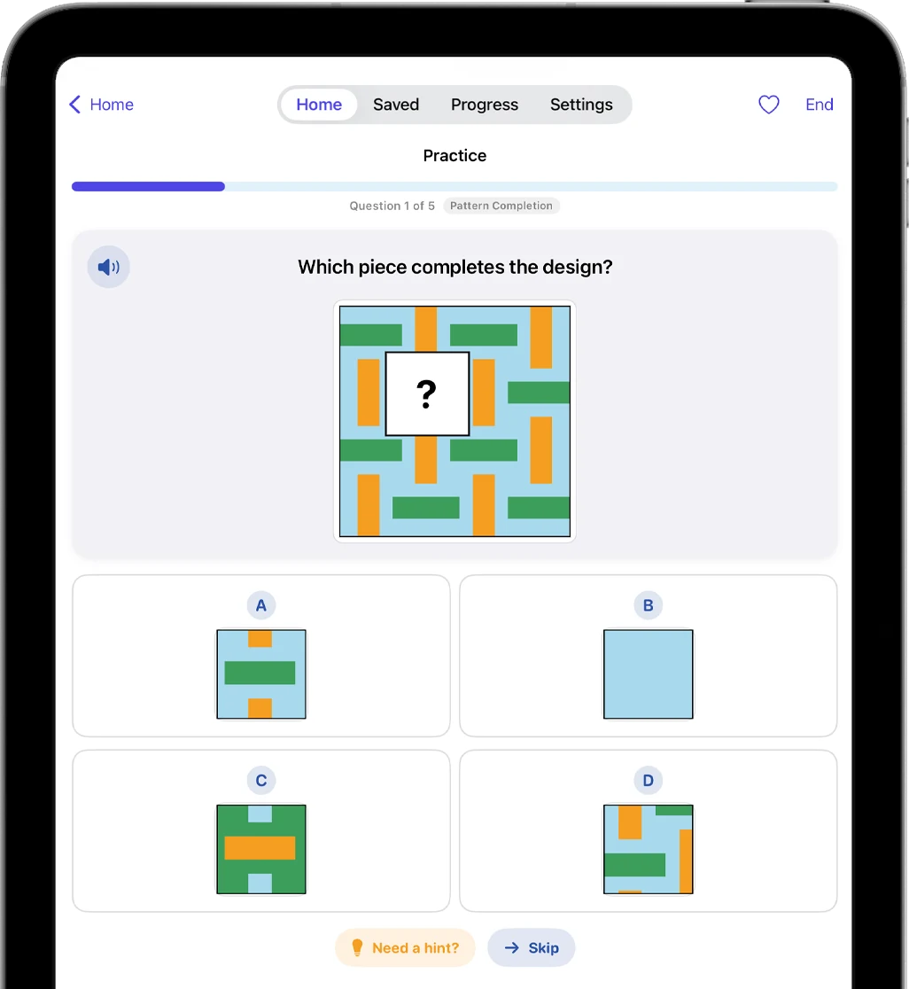 A pattern completion question on iPad: which piece completes the design, with four answer choices.