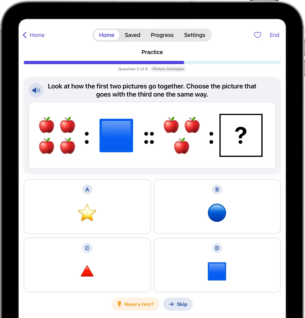 A picture analogy question on iPad showing the question counter, four answer choices, and “Need a hint?” and “Skip” buttons.
