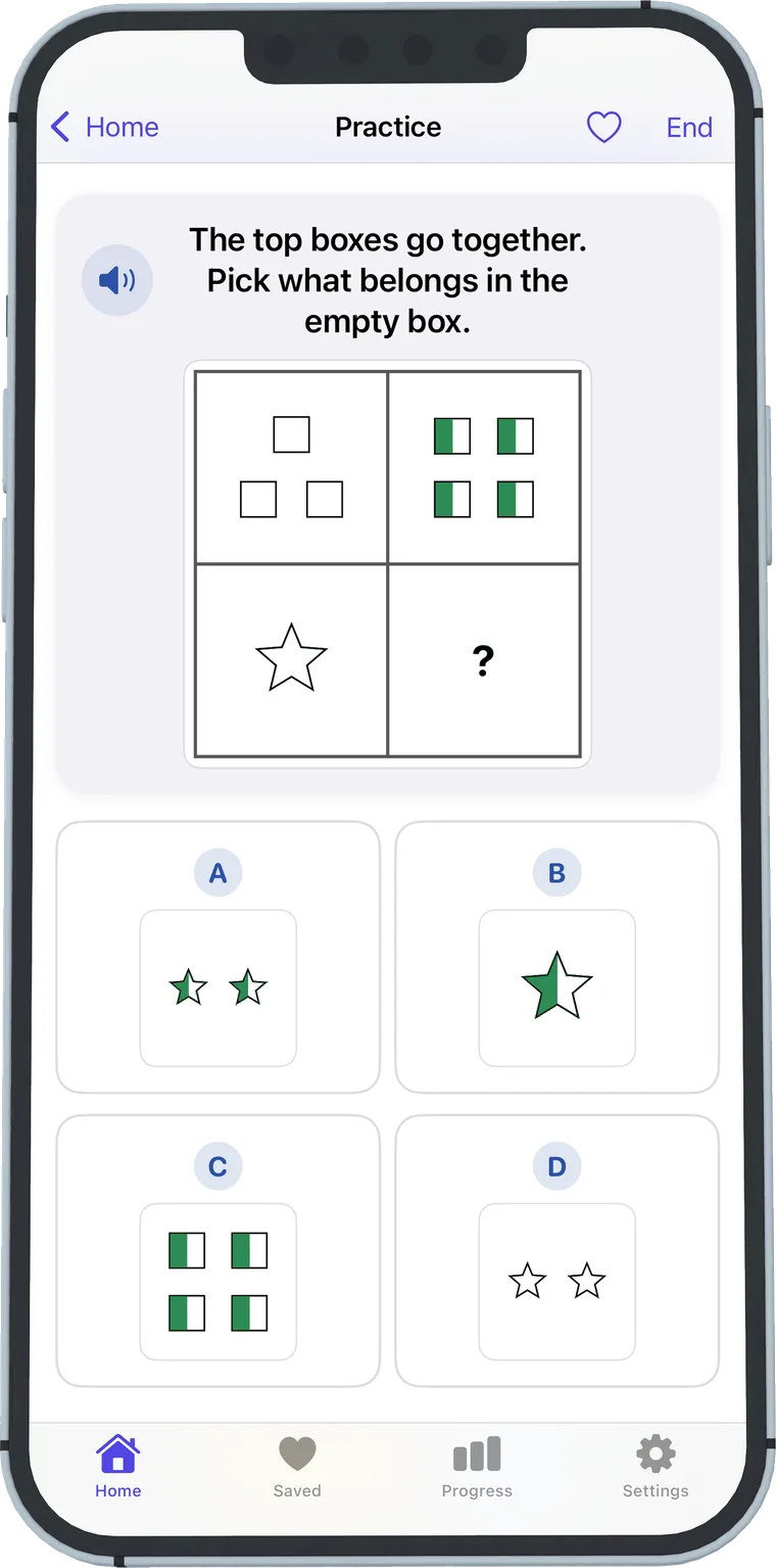 A figure analogy question on iPhone with a tap-to-hear button, four answer cards, and a “Need a hint?” button.