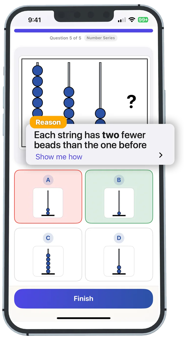 Quantitative number series practice on iPhone after answering, with a Reason card explaining that each string has two fewer beads than the one before, and a “Show me how” link.