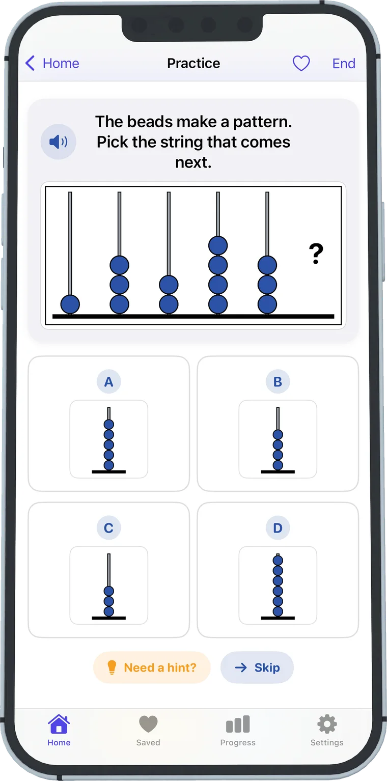 A picture analogy question on iPhone with a tap-to-hear button and four answer cards.