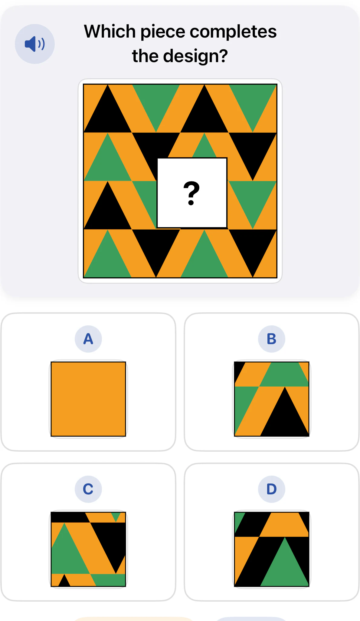 Grade 2 pattern completion question. A repeating orange, green, and black triangle design has one rectangular piece missing. Choices A through D show different pattern fragments.