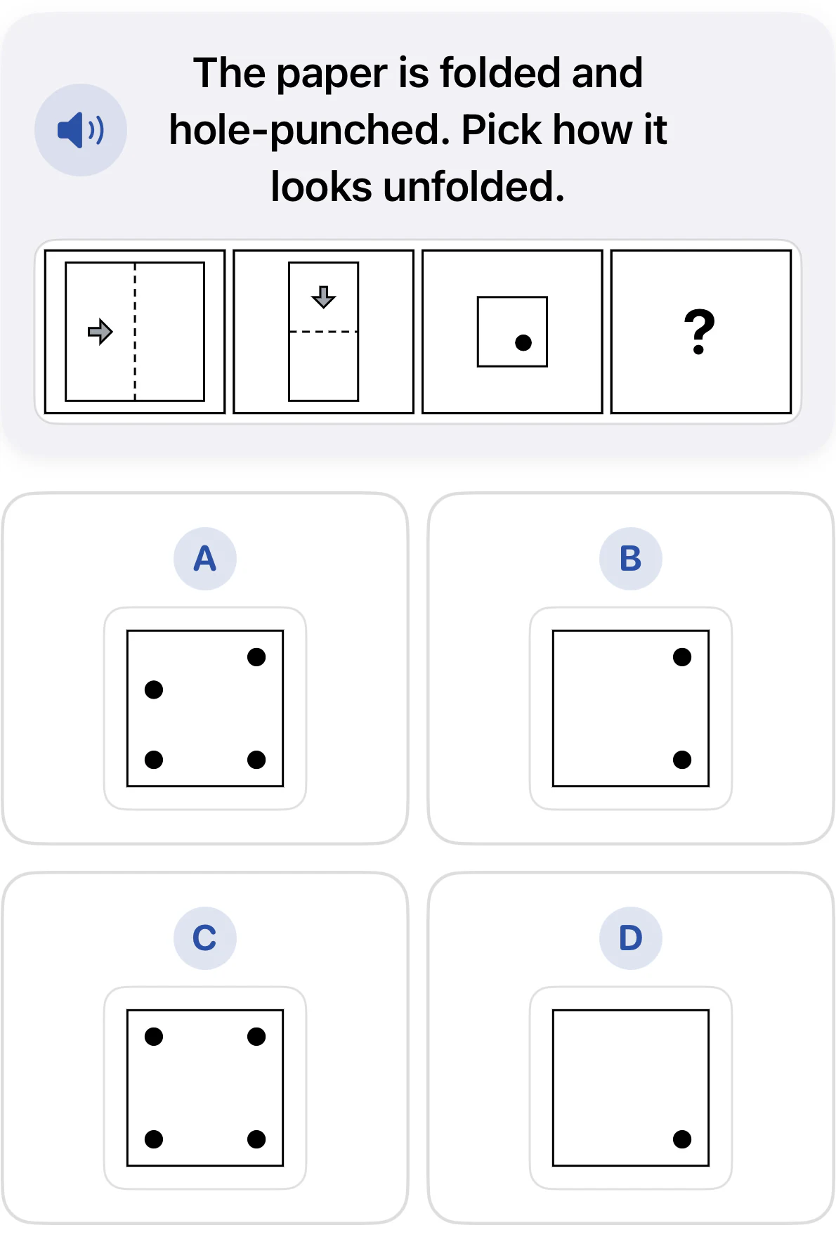 Grade 2 paper folding question. A square is folded vertically and then horizontally before one hole is punched. Choices A through D show different hole patterns after unfolding.