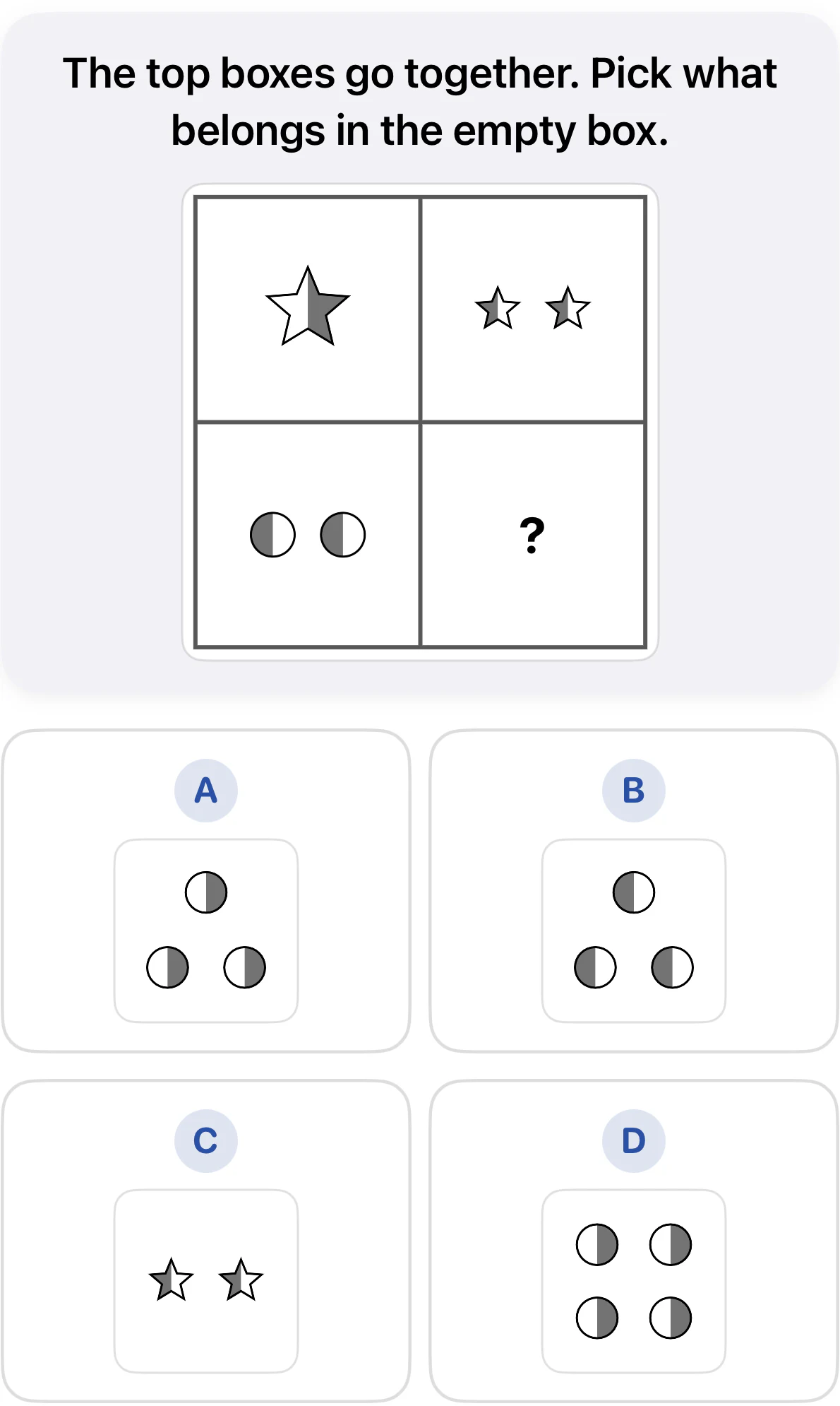 Grade 3 figural analogies question. One star shaded on the right becomes two stars shaded on the left. Two circles shaded on the left must follow the same rule. A shows three circles shaded on the right, B three shaded on the left, C two stars, and D four circles shaded on the right.