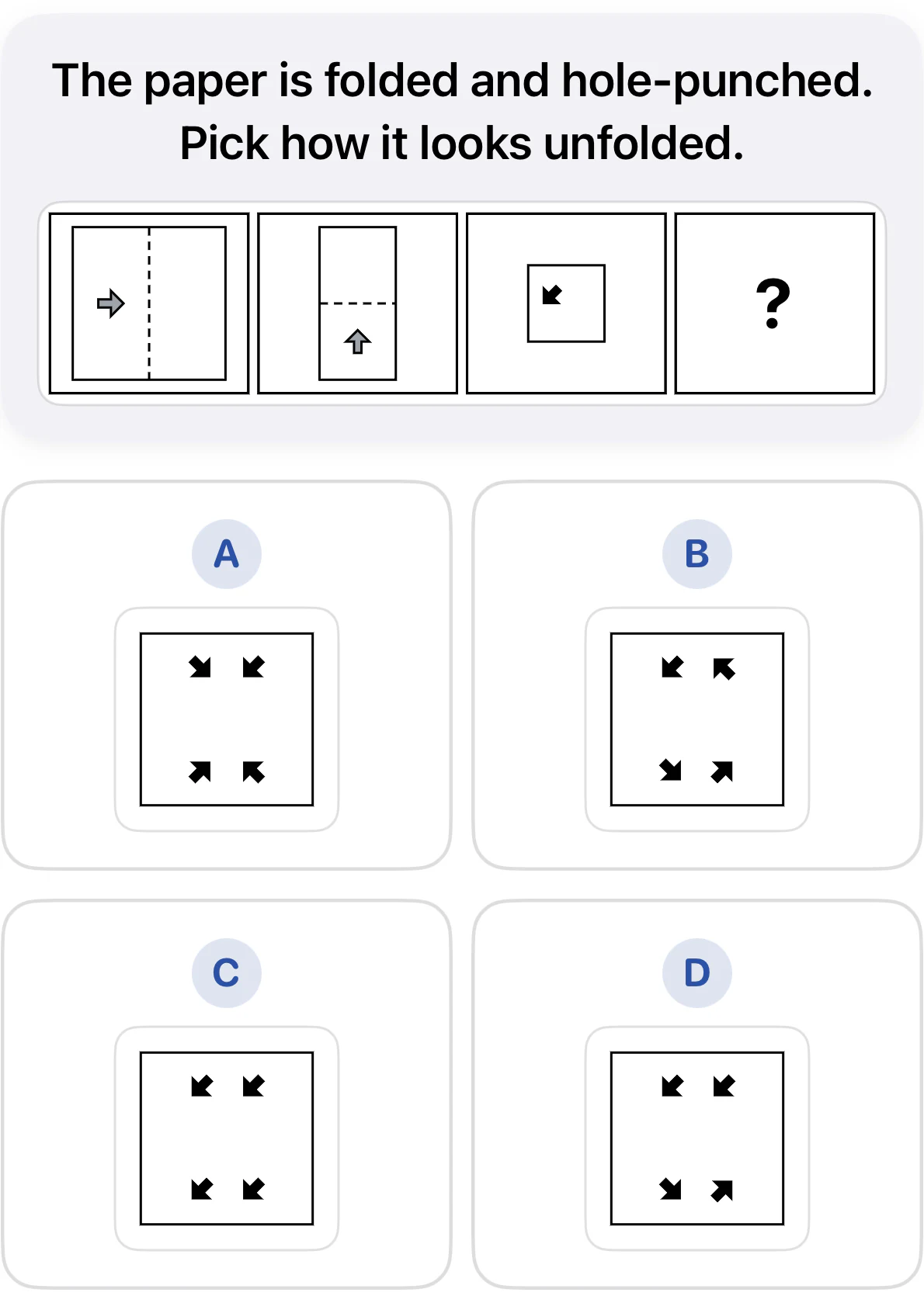 Grade 3 paper folding question. Fold the left half of a square to the right, then the bottom half upward, and punch a down-left arrow through the folded paper. Choices A through D show four arrow-shaped holes with different orientations after unfolding.