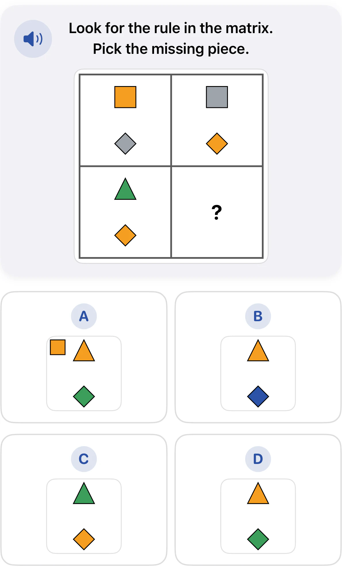 Grade 1 matrix reasoning question. An orange square and gray diamond swap colors. A green triangle and orange diamond must follow the same rule. Choices A through D show different shapes and colors.
